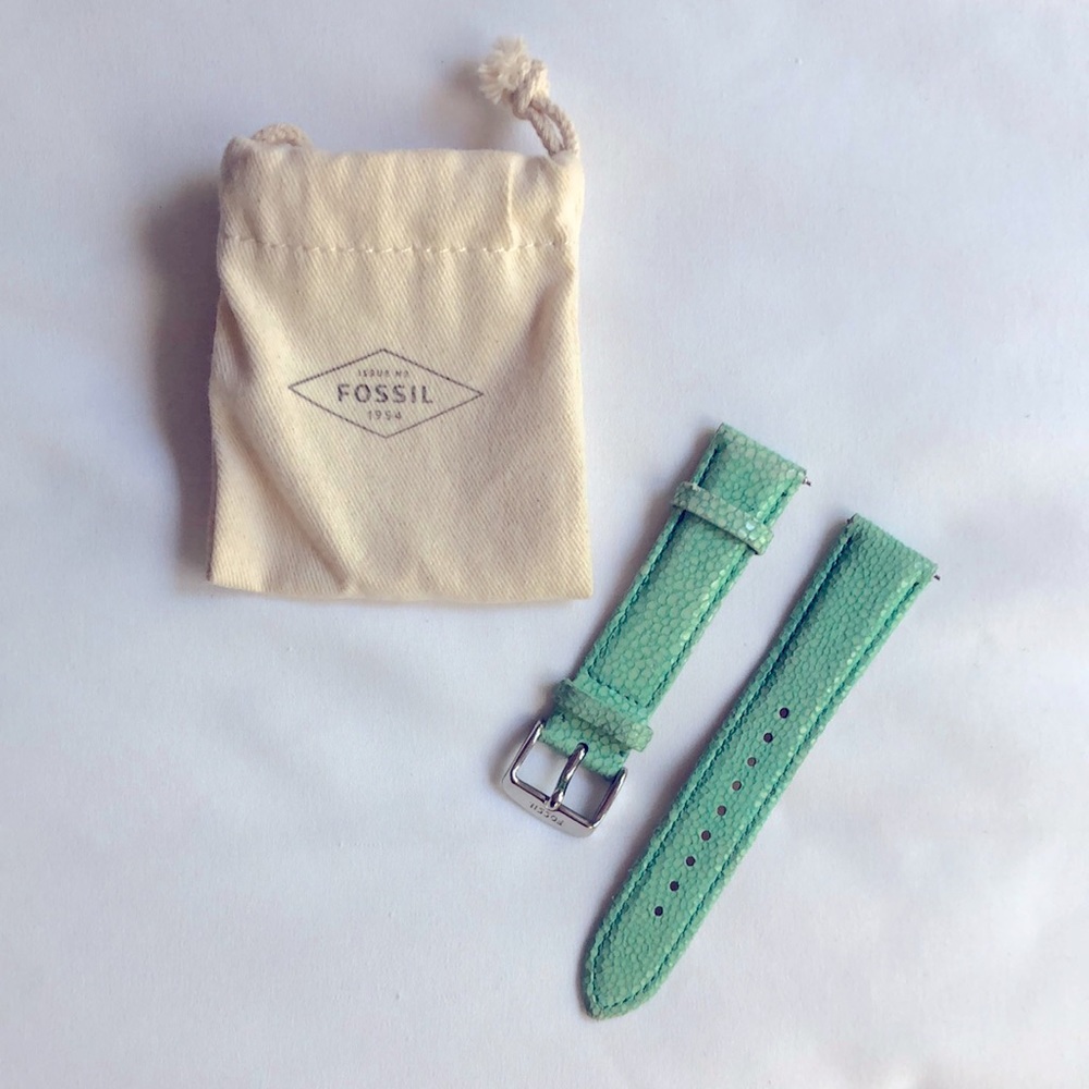 Fossil 20mm Genuine Leather Watch Strap | Aquamarine/Mint & Silver
